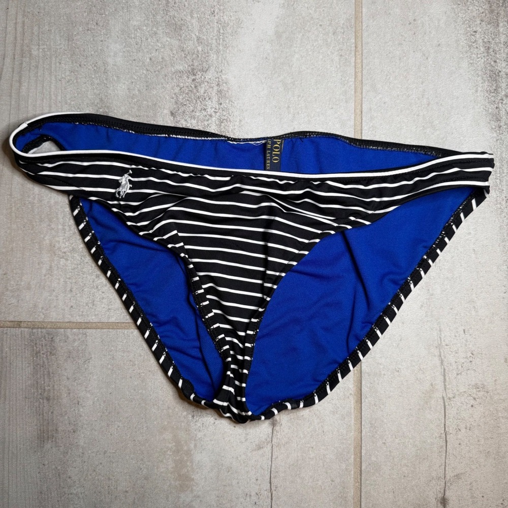 Polo Ralph Lauren Bikini Bottom Women Large Black White Striped Excellent Logo